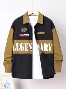 SHEIN Boys' Color Block Letter Printed Woven Shirt With Patchwork Design - Multicolor - View 1