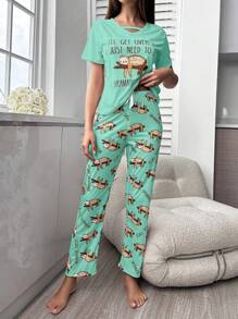 Cartoon And Letter Patterned Pajama Set
