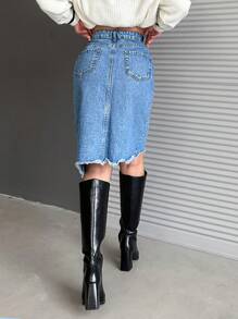 EURMUSE High Waisted Asymmetrical Hem Denim Skirt - Medium Wash - View 2
