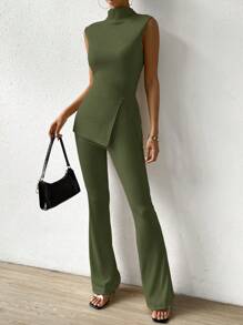 Chiquease Chic Không tay Áo Với giá đỡ Vòng cổ Và Cái nĩa cao Và Thon gọn Quần Hai chiếc Bộ - xanh quân đội - Xem 5