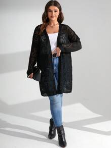 SHEIN LUNE Plus Size Solid Pointelle Knit Cardigan Fall Winter Cloth For Women - Black - View 6