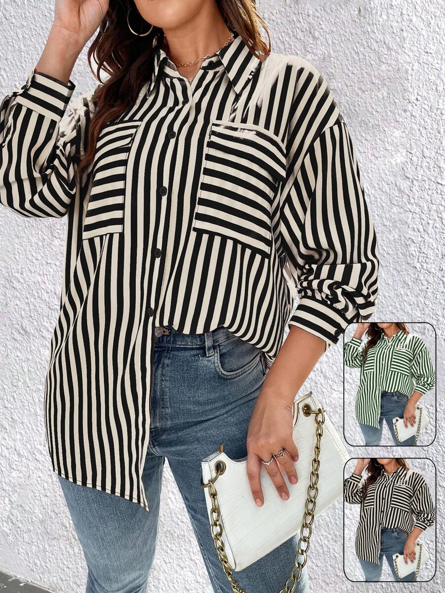 Flirla Plus Size Striped Printed Drop Shoulder Shirt - Black and White - View 1