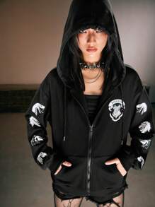 Harry Potter | ROMWE Của phụ nữ Họa tiết động vật In Áo nỉ có mũ Với dây rút - màu đen - Xem 1