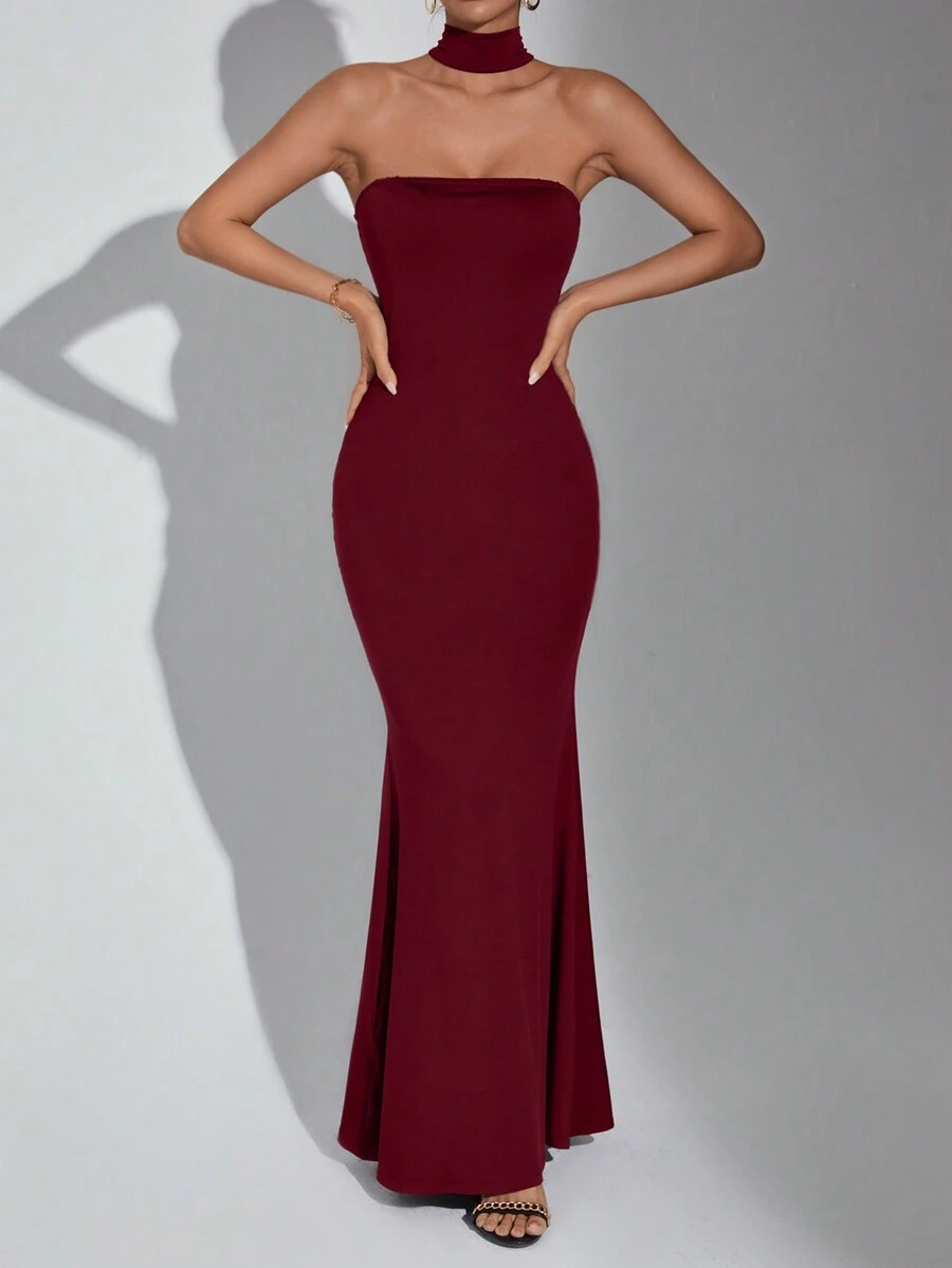 SHEIN Privé 女士純色露背美人魚裙洋裝 - 酒紅色 - 查看 1