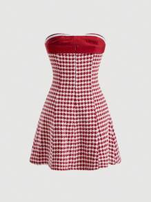 SHEIN MOD Houndstooth Print Knot Front Tube Dress - Multicolor - View 2