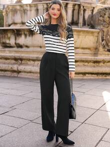 SHEIN Frenchy Camiseta con estampado de rayas ribete con encaje - Negro - Ver 4