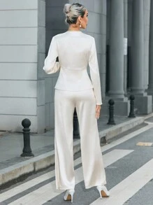 SHEIN Privé Solid Asymmetrical Hem Blouse & Wide Leg Pants - Champagne - View 2