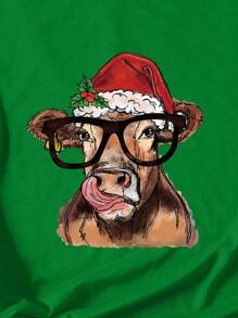 SHEIN EZwear Cow And Christmas Printed T-shirt - Green - View 5