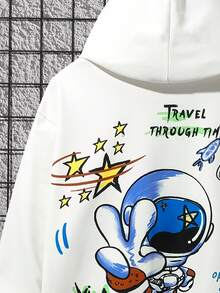 SHEIN 青少年男孩標語和卡通圖案落肩袖連帽衫