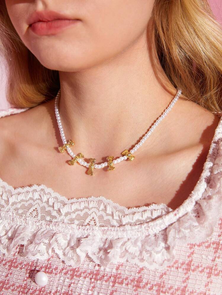 1pc Strung Bead Fashionable Bowknot Necklace