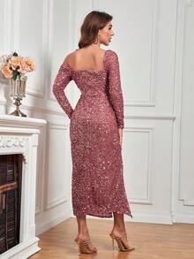 Double Crazy Asymmetrical Neck Split Thigh Sequin Cocktail Dress - Pink - View 2