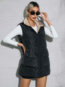SHEIN Essnce Ladies' Sleeveless Two-Tone Warm Padded Coat - Black - View 6