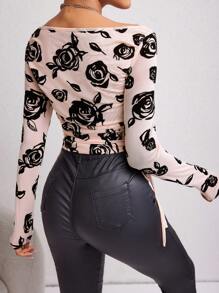 SHEIN Essnce Floral Print Ruched Mesh Top