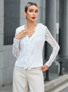 SHEIN Privé Ruffle Trim Contrast Lace Sleeve Blouse