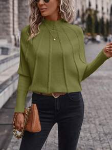 SHEIN Clasi Pull à col montant et manches chauve-souris pour l'automne/hiver - Militaire verte - Voir 3