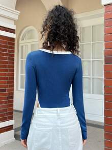 SHEIN EZwear Của phụ nữ Slogan In Áo liền quần chặt - Màu xanh hải quân - Xem 3