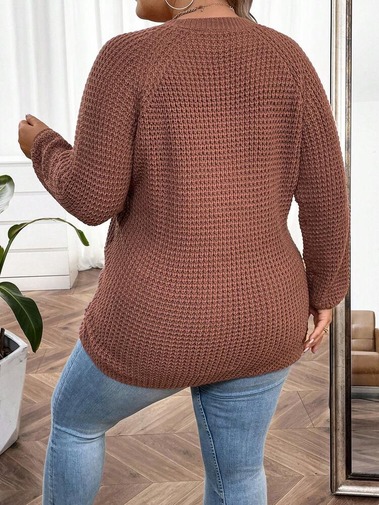 Plus Button Detail Asymmetrical Hem Raglan Sleeve Sweater Knit Pullover Fall Winter Sweater