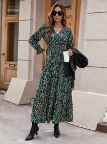 SHEIN Clasi Women's Printed Waist Ruched Pleated Dress - Green - View 1