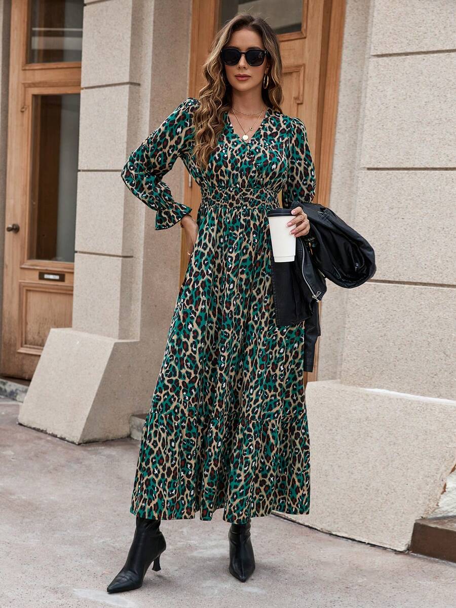 SHEIN Clasi Women's Printed Waist Ruched Pleated Dress - Green - View 1