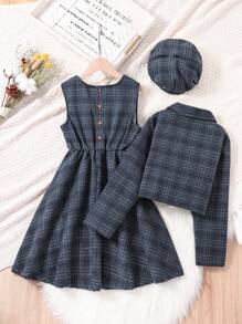 Tween Girl Plaid Print Dress & Jacket & Hat
