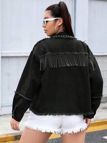 SHEIN ICON Plus Size Women's Denim Jacket With Fringe Hem - Black - View 2