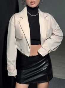 SHEIN Unity Lapel Neck Drop Shoulder Belted Crop Trench Coat - Apricot - View 1