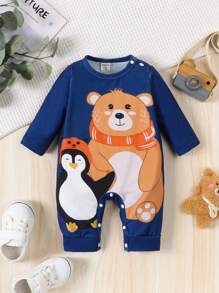 SHEIN 男嬰秋冬可愛企鵝熊印花休閒連身褲 - 彩色 - 查看 1