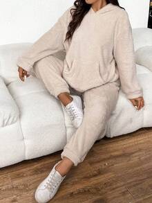 SHEIN Frenchy Kích thước lớn Lông cừu Hoodie Và Quần Bộ - Màu be - Xem 6
