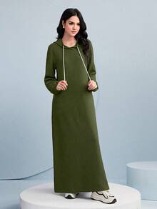 Mulvari Letter Patched Drawstring Hooded Sweatshirt Dress - Army Green - View 6