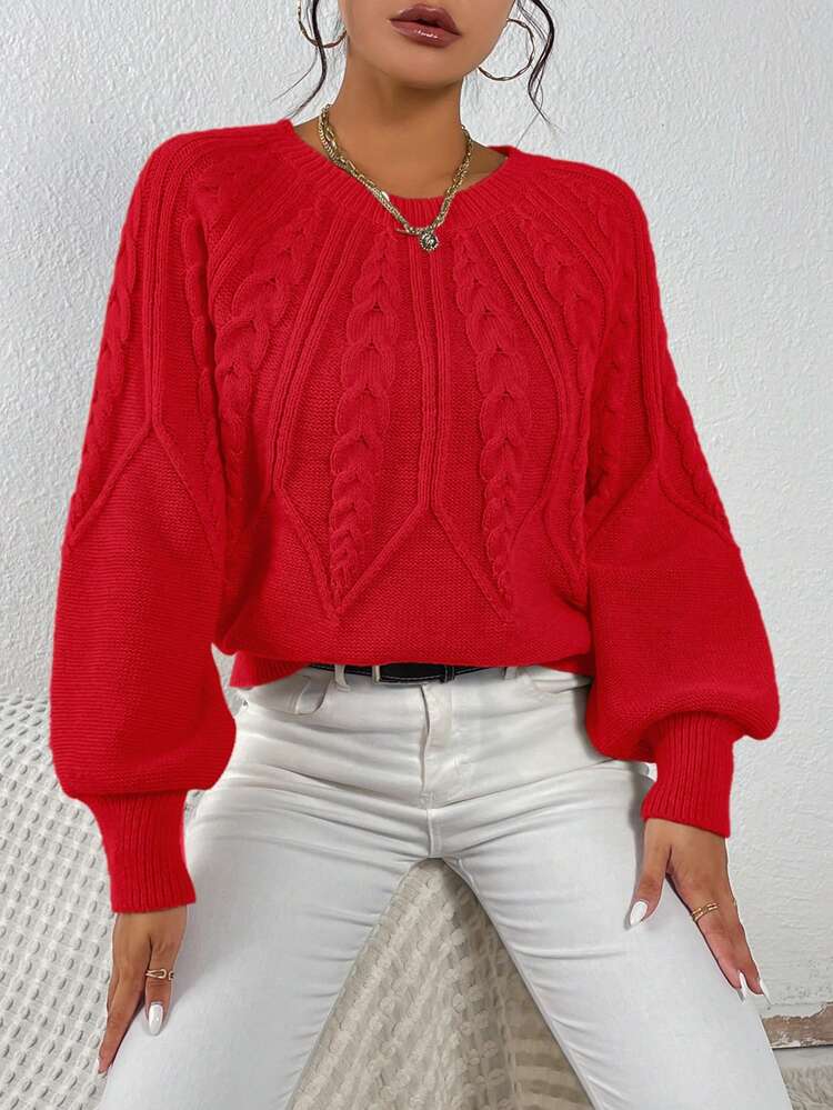 Women's Red Textured Crewneck Loose Pullover Sweater, Valentine's Day Knit Pullover Fall Winter Sweater