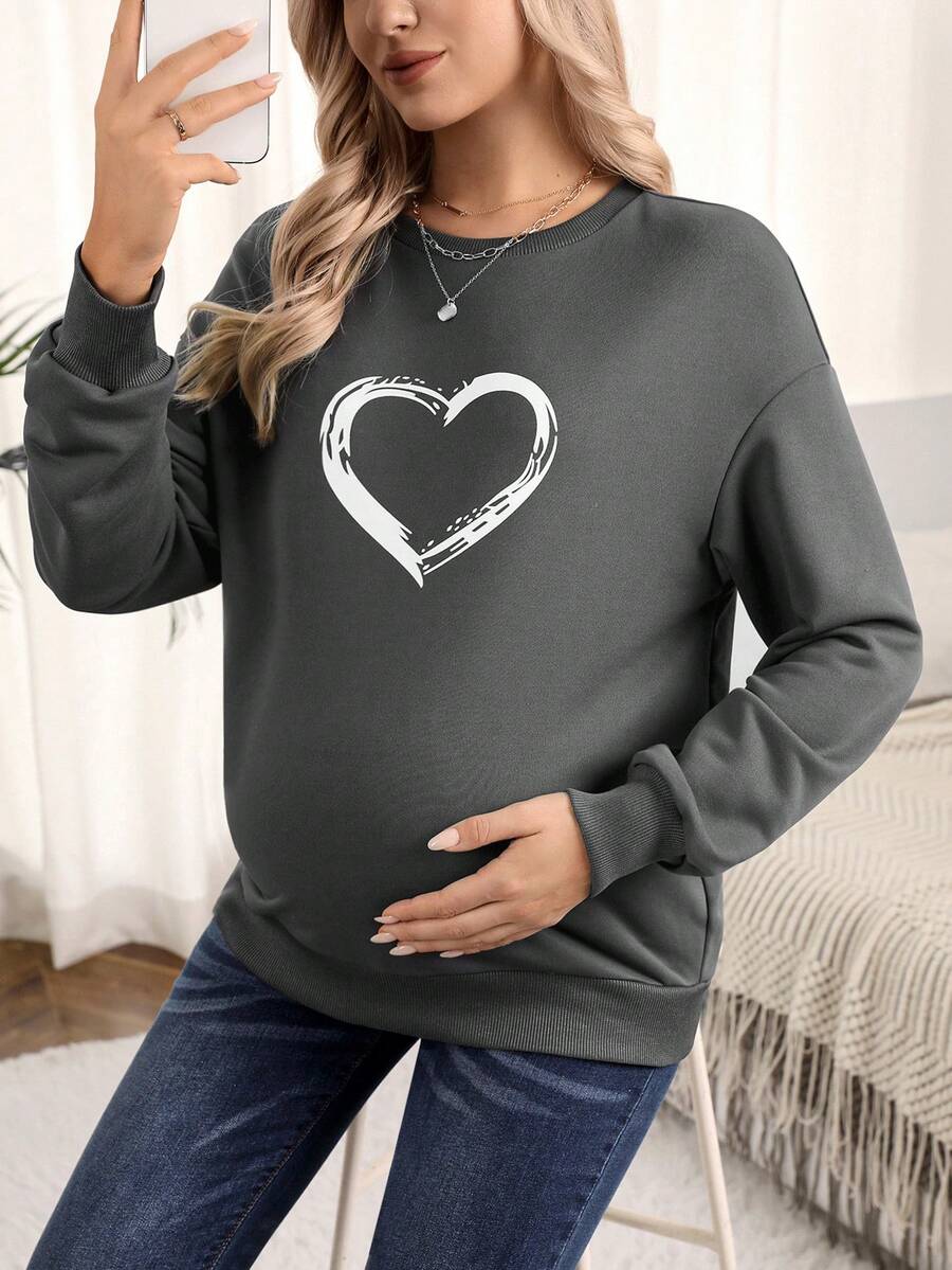 SHEIN Maternity Heart Print Drop Shoulder Sweatshirt - Dark Grey - View 1