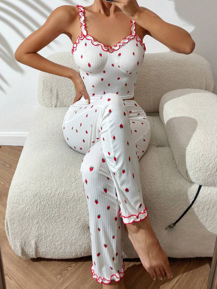 CottageSlumber Strawberry Print Frill Trim Cami Top & Pants PJ Set / Pajama Set White Set Holiday Season - White - View 1