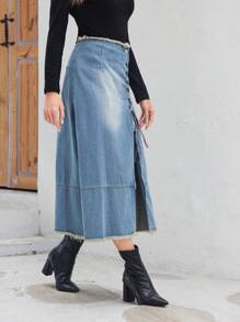 SHEIN LUNE Grommet Lace Up Front Raw Trim Denim Skirt