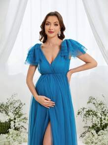 Maternity Plunging Neck Ruffle Sleeve Slit Mesh Party Elegant Dress - Teal Blue - View 5