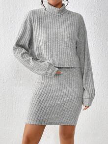 SHEIN Essnce Solid Color High Neck Drop Shoulder Sleeve T-shirt And Skirt - Grey - View 5