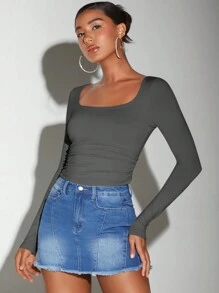 SHEIN BAE 方領側收褶短款T恤 - 深灰色 - 查看 3
