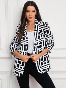 SHEIN Clasi Women's All Over Printed Regular Fit Jacket With Lapel Collar - Black and White - View 3