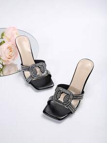 Giày cao gót mũi vuông màu đen cho nữ, giày cao gót thanh lịch kiểu Pháp thời trang mới mùa hè đính đá trang trí - màu đen - Xem 5