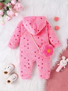 Baby Girl's Polka Dot Furry Hooded Jumpsuit Fashionable Thickened Autumn And Winter Warm Style - Hot Pink - View 2
