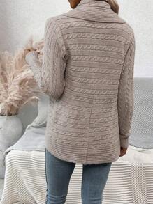 SHEIN LUNE Women'S Casual Cable Knitted Solid Color Front Open Cardigan Sweater - Apricot - View 2