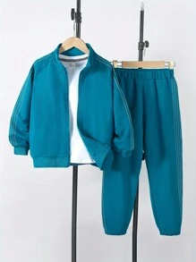 Tween Boy Bear Graphic Patchwork Side Insert Sleeve 2-Piece Jacket And Pants Set