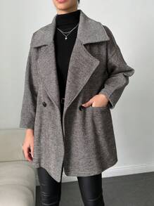 RueChic Herringbone Print Double Button Overcoat - Beige - View 3