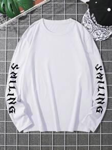 Manfinity Roghcode Men Vacation Printed Loose Fit Long Sleeve T-Shirt With Letter Graphic Pattern, Boyfriend Gift, Fall - White - View 2