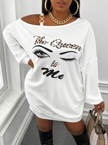 Slaydiva 大碼人物和字母圖案不對稱領落肩袖衛衣洋裝