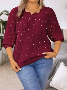 EMERY ROSE Suéter informal de manga larga con cuello de pétalo, diseño floral y aplicaciones de perlas para mujer talla grande, para otoño e invierno - Burdeos - Ver 4