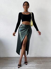SHEIN Slayr Twist Front Wrap Hem PU Leather Skirt - Army Green - View 4