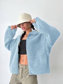 RueChic Drop Shoulder Zip-Front Teddy Coat - Baby Blue - View 5