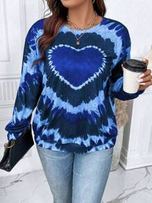 EMERY ROSE Plus Size Women's Tie-Dye Heart Print Sweatshirt Pullover Fall Sweatshirt - Royal Blue - View 3