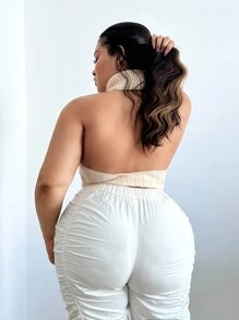 SHEIN SXY 高領無袖針織大尺碼上衣,背後開叉設計 - 杏色 - 查看 2