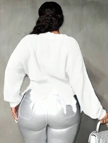 Slaydiva 加落肩仿舊毛衣 - 白色 - 查看 2